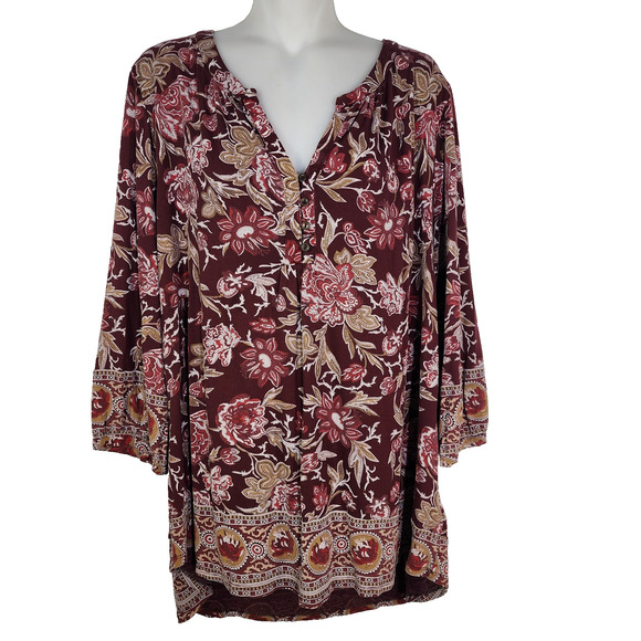 Lucky Brand Top Size 2X Womens Burgundy Floral Print Blouse Boho V Neck Border - Picture 1 of 13